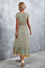 V-Neck Short Sleeve Printed Maxi Dress - Ladyez