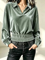 Velvet Johnny Collar Long Sleeve Blouse