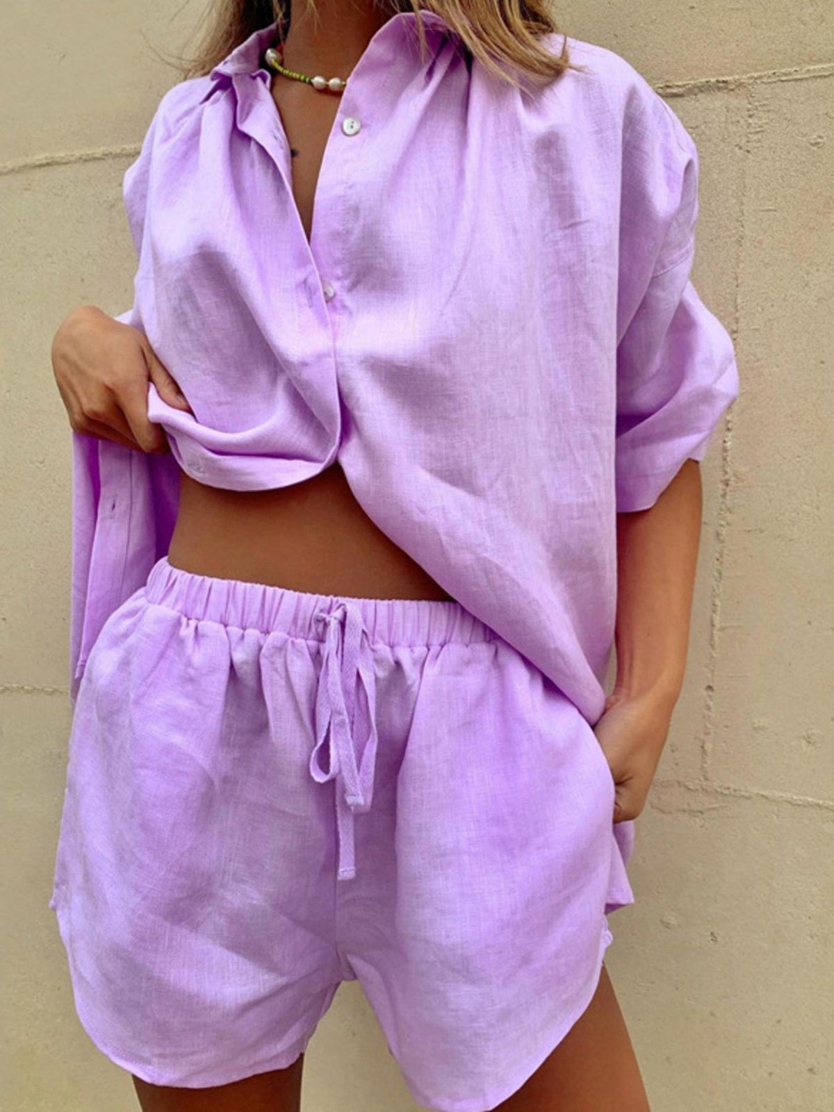 Button Up Shirt and Drawstring Shorts Set