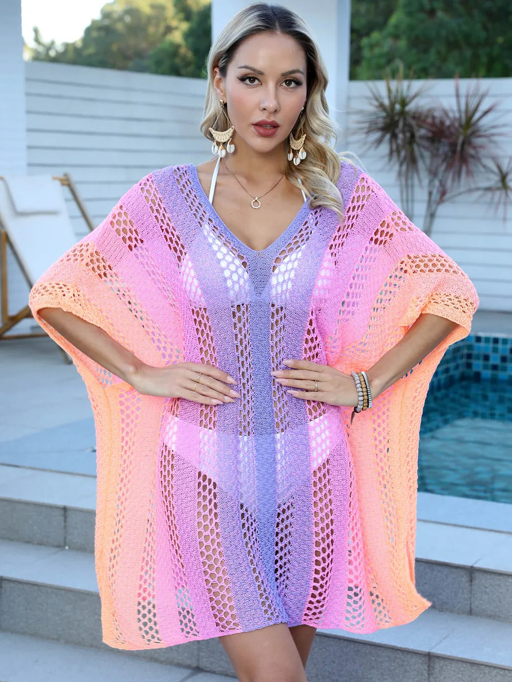 Openwork Contrast V-Neck Cover-Up - Ladyez