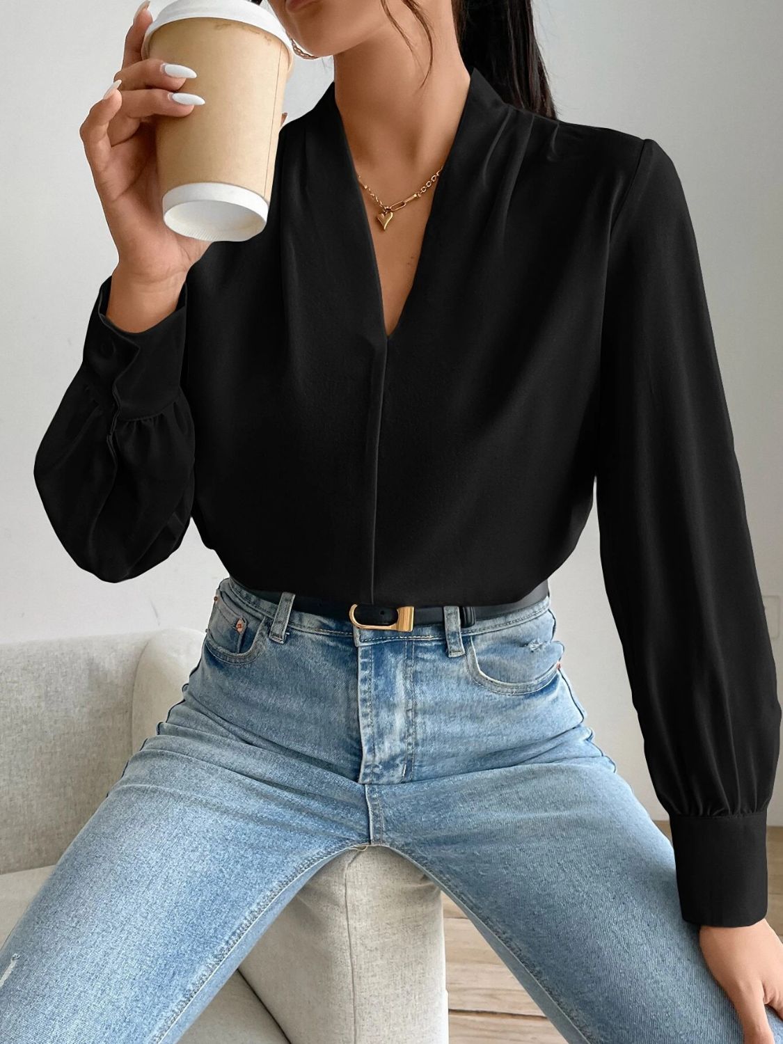 V Neck Long Sleeve Top - Ladyez