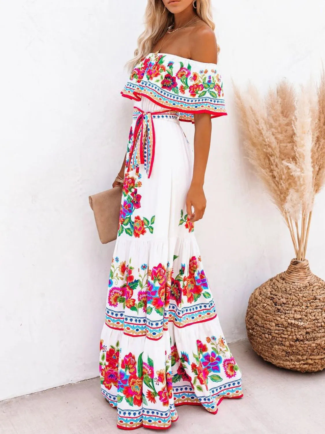 Floral Off Shoulder Ruffle Maxi Dress - Ladyez