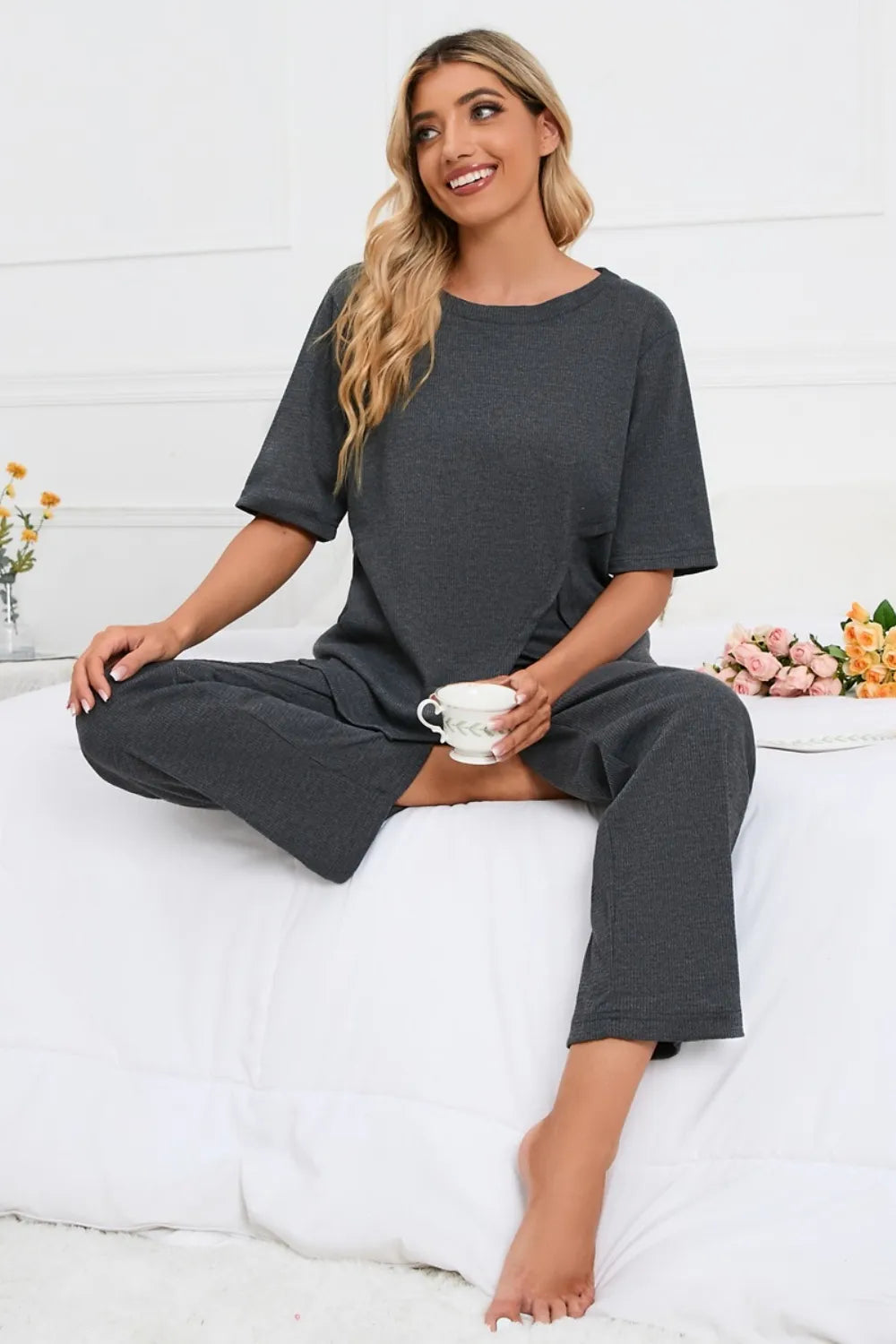 Slit Round Neck Top and Pants Lounge Set - Ladyez