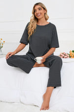 Slit Round Neck Top and Pants Lounge Set - Ladyez