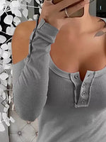 Cold Shoulder Ribbed Henley T-Shirt with Button Detail
