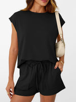 Round Neck Cap Sleeve Top and Shorts Set