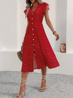 Button-Front Midi Dress with Ruffle Sleeves