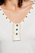 POL Studded Trim Button-Front Ruffle Detail Tank