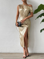 Honey Slit One Shoulder Short Sleeve Midi Dress - Ladyez