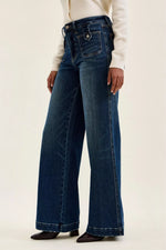 Judy Blue High Waist "lux" Retro Wide Jeans with Front Patch Tab Closure Dk Fade Indigo