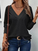 Eyelet V-Neck Long Sleeve Blouse