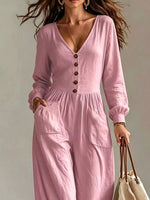 V-Neck Long Sleeve Button-Down Wide Leg Jumpsuit