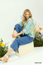 Umgee Watercolor Floral Blouse with Flounce Sleeve