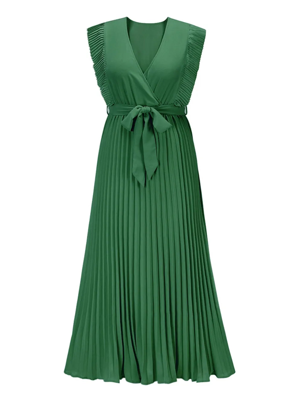 Tied Surplice Cap Sleeve Pleated Dress - Ladyez