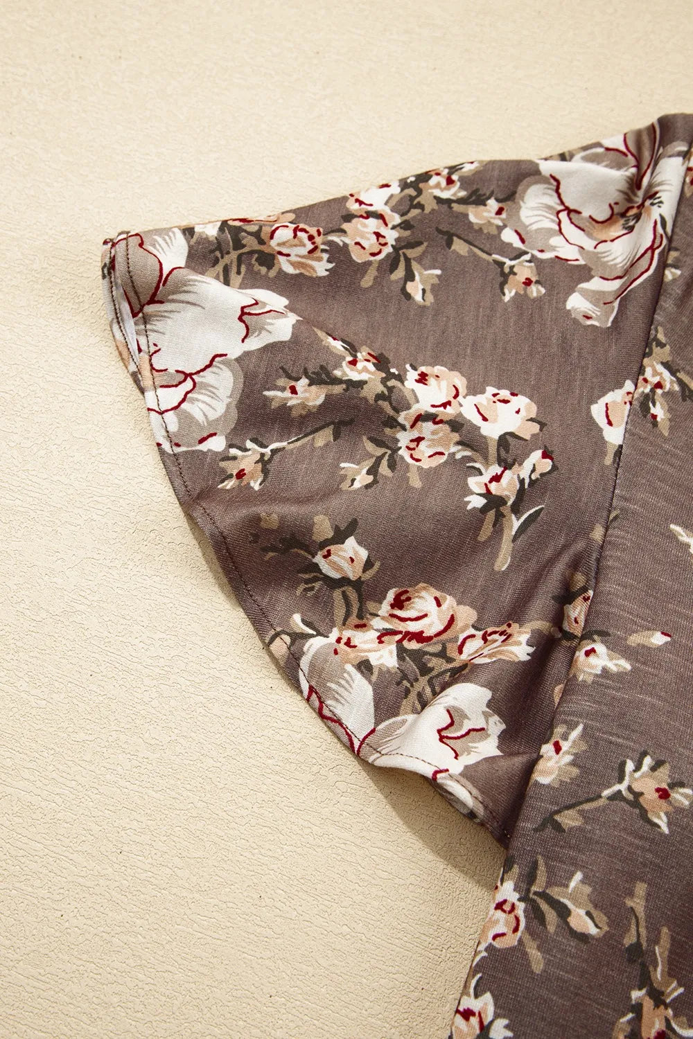 Floral Print Tassel Tie Split Neck Short Sleeve Blouse - Ladyez