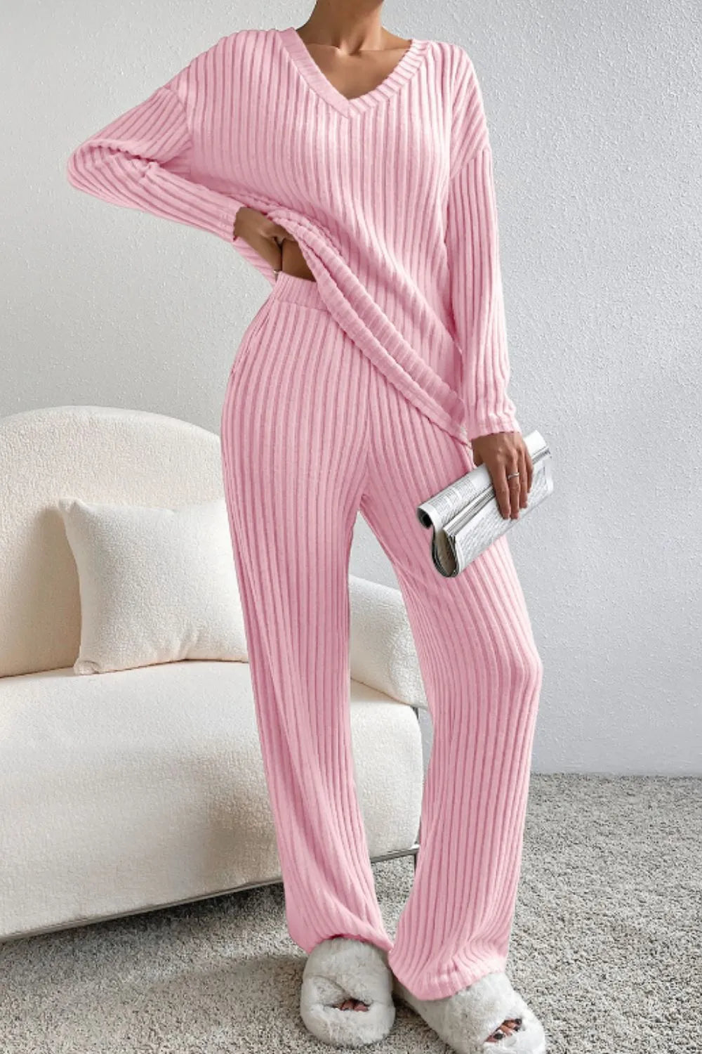 Ribbed V-Neck Top and Pants Lounge Set - Ladyez