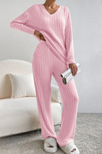 Ribbed V-Neck Top and Pants Lounge Set - Ladyez