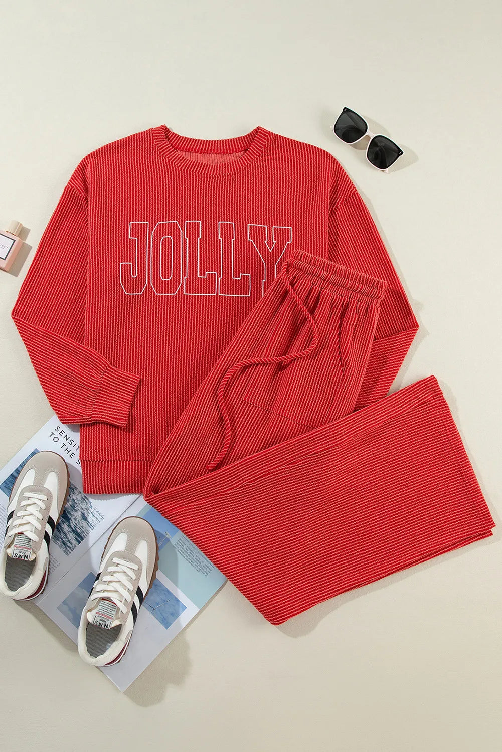 JOLLY Round Neck Long Sleeve Top and Pants Lounge Set - Ladyez