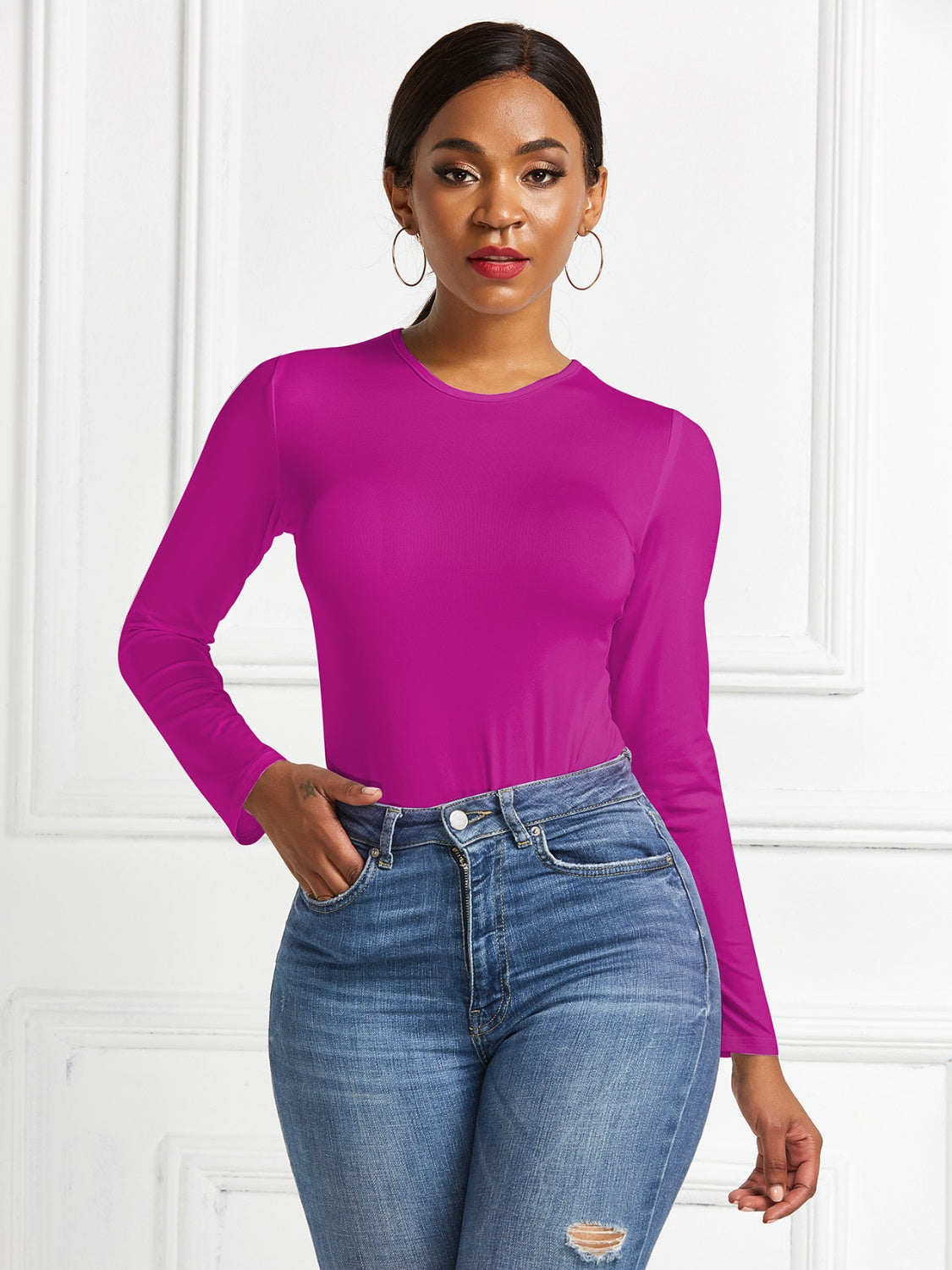Round Neck Long Sleeve Bodysuit - Ladyez
