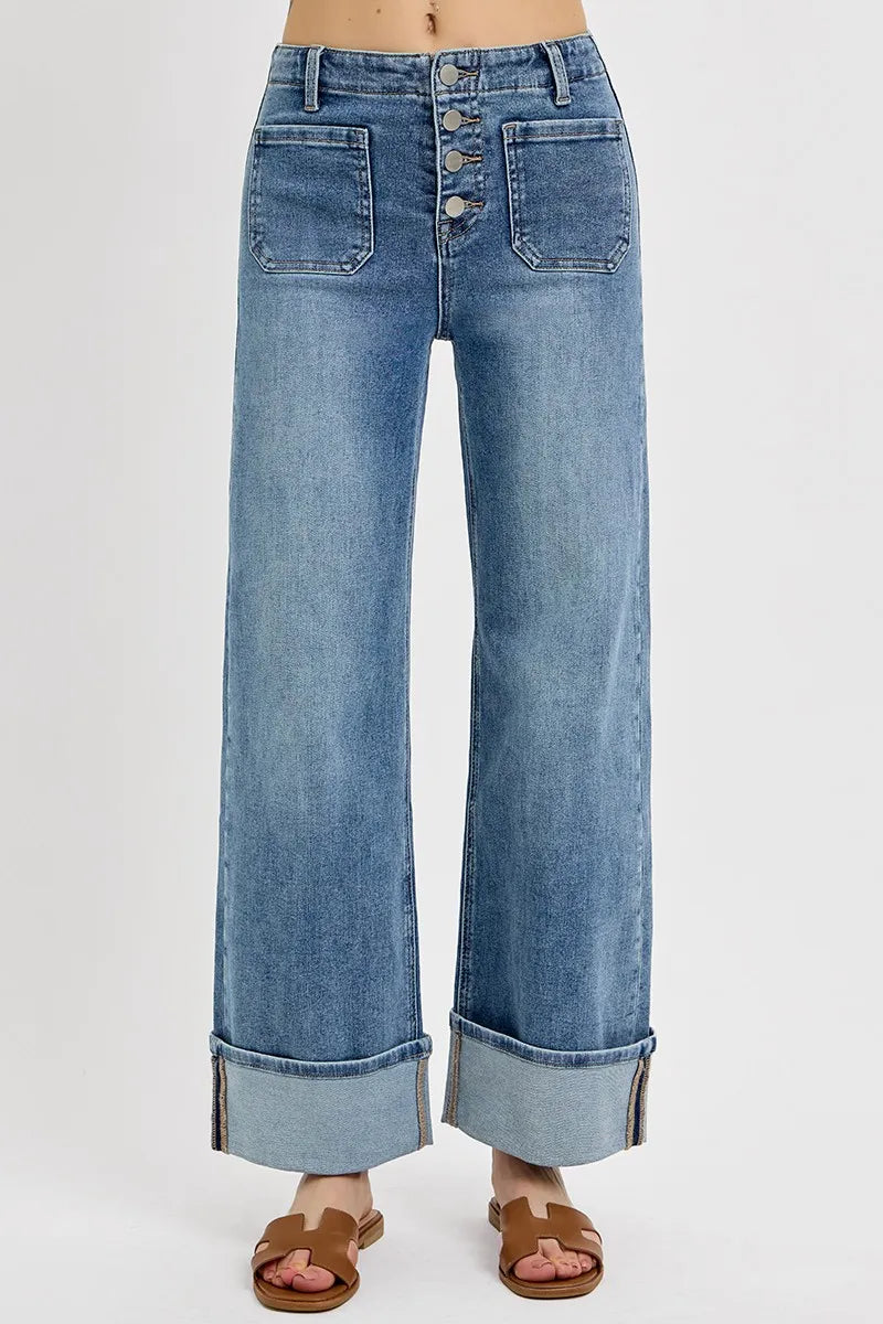 RISEN High Rise Ankle Wide Button Patch Pocket Cuffed Jeans - Ladyez