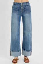 RISEN High Rise Ankle Wide Button Patch Pocket Cuffed Jeans - Ladyez