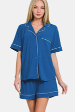 Zenana Button Down Short Sleeve Top and Shorts Lounge Set - Ladyez