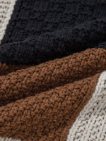 Multicolour Color Block Cable Knit Sleeve Buttons Collared Sweater
