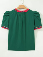Plaid Trim V Neck Short Sleeve Shift Blouse