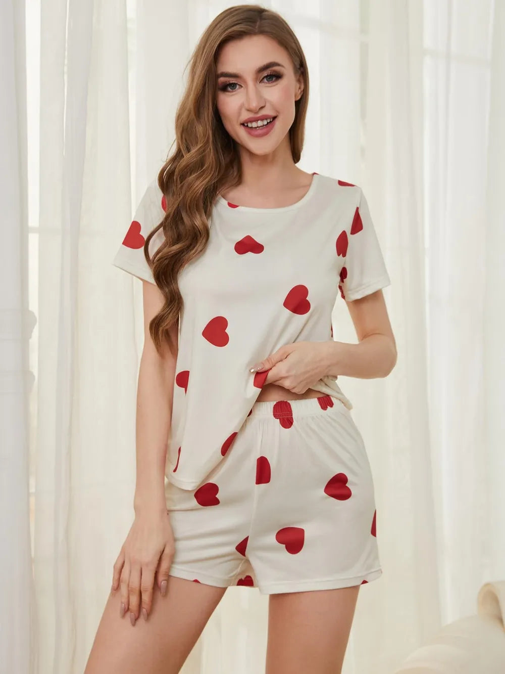 Heart Round Neck Top and Shorts Lounge Set - Ladyez