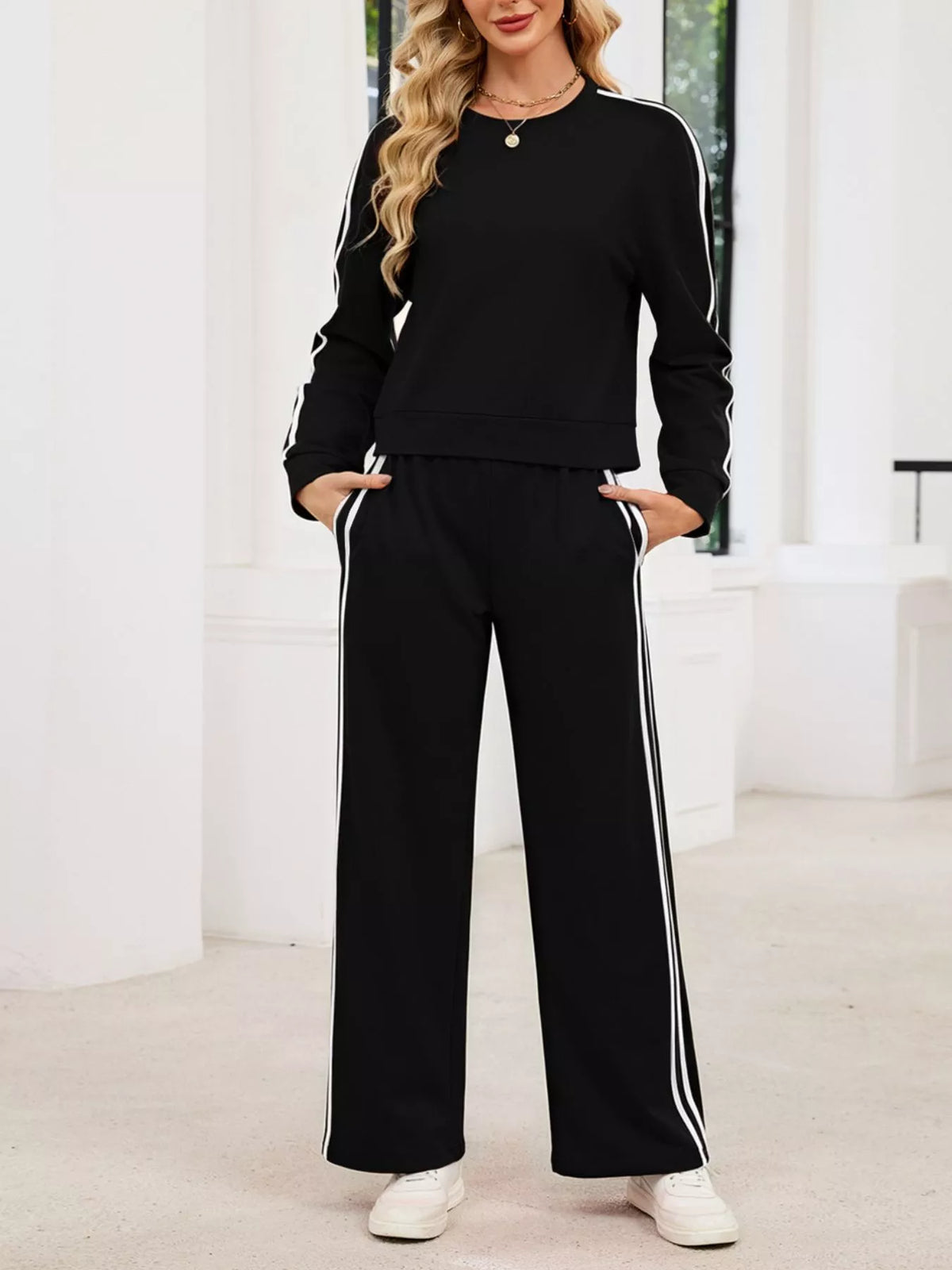 Striped Round Neck Sweatshirt and Pants Set