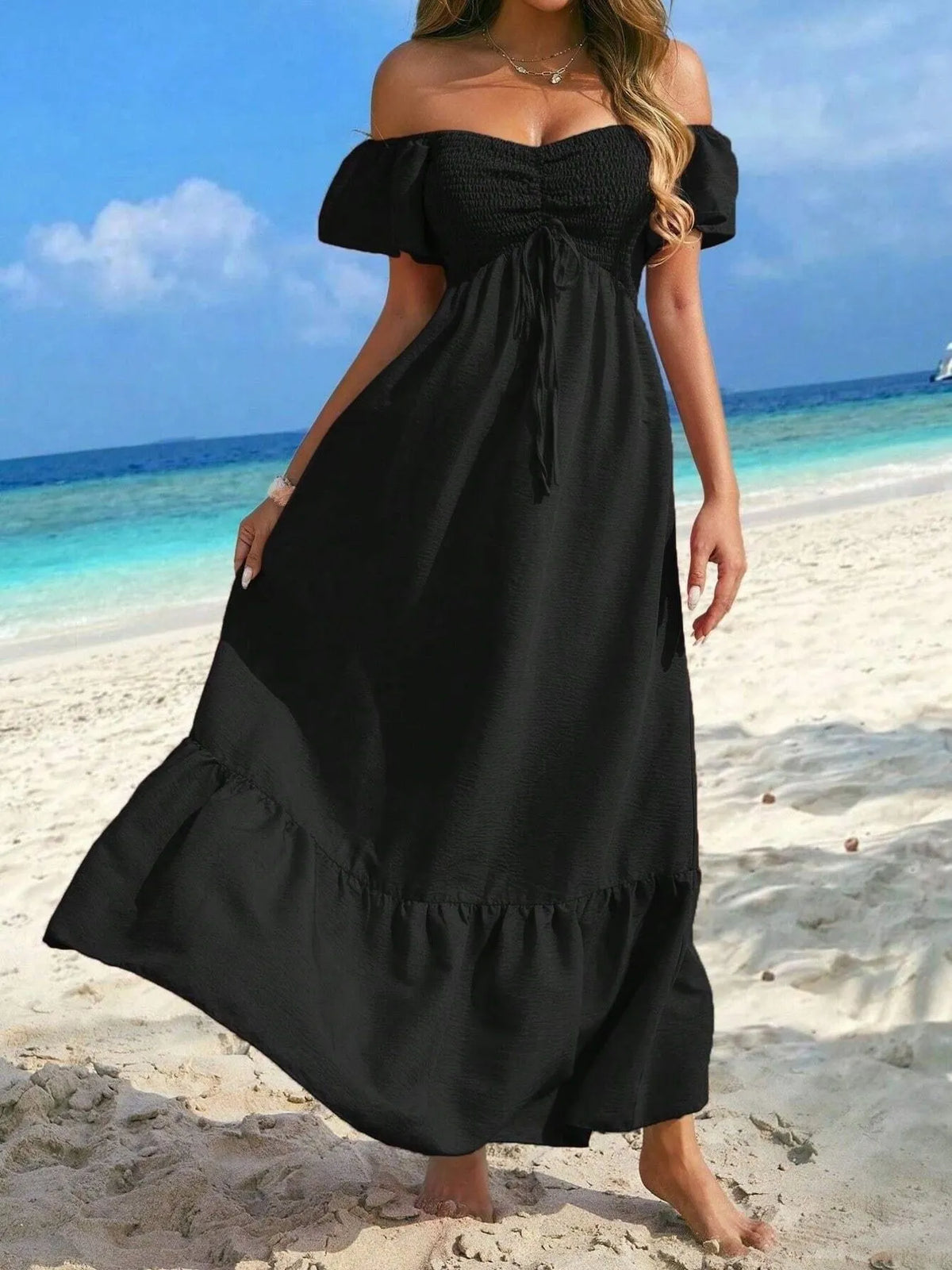 Off-Shoulder Smocked Maxi Dress with Ruffle Hem - Ladyez