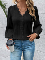 V-Neck Lace Detail Flounce Sleeve Blouse - Ladyez