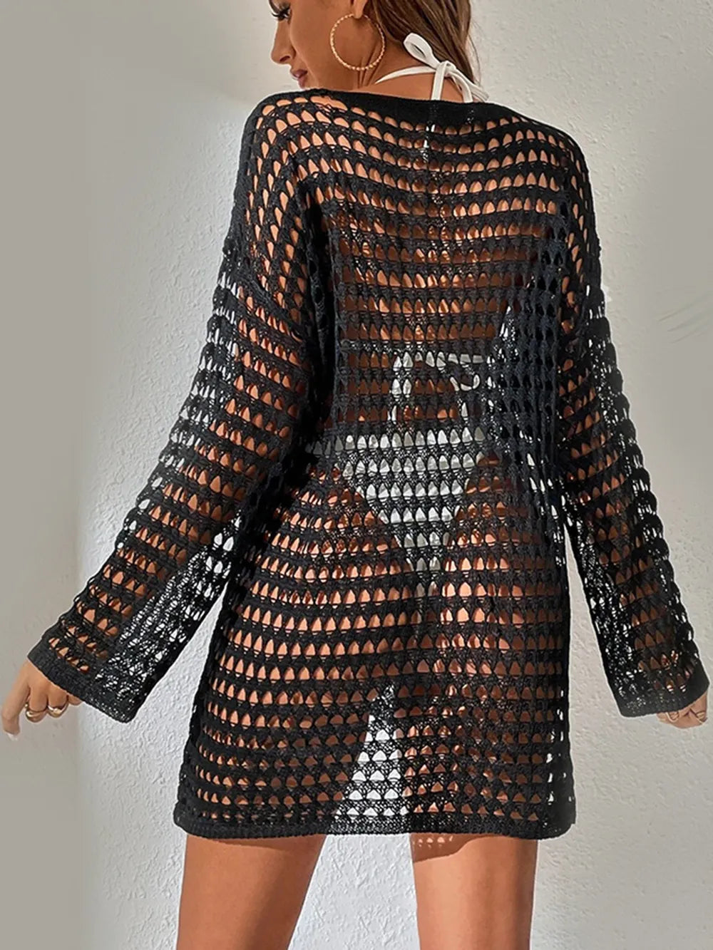 Openwork Boat Neck Long Sleeve Cover-Up - Ladyez