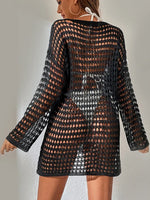 Openwork Boat Neck Long Sleeve Cover-Up - Ladyez