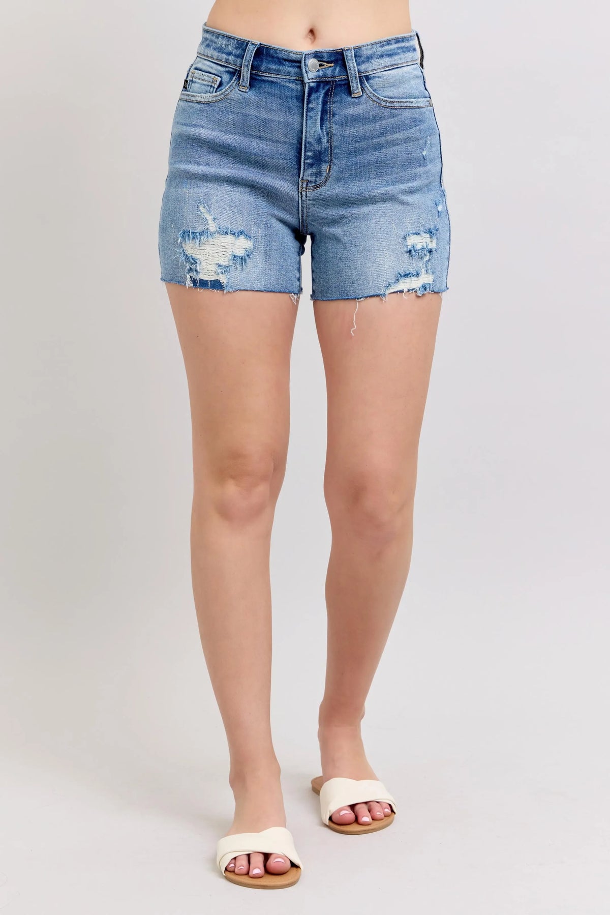 Judy Blue Full Size High Waist Denim Shorts W/stitch Over Destroy Detail Plus Size - Ladyez