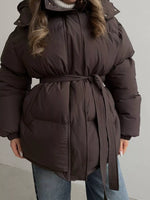 Mid-Length Thickened Hooded Winter Coat with Belted