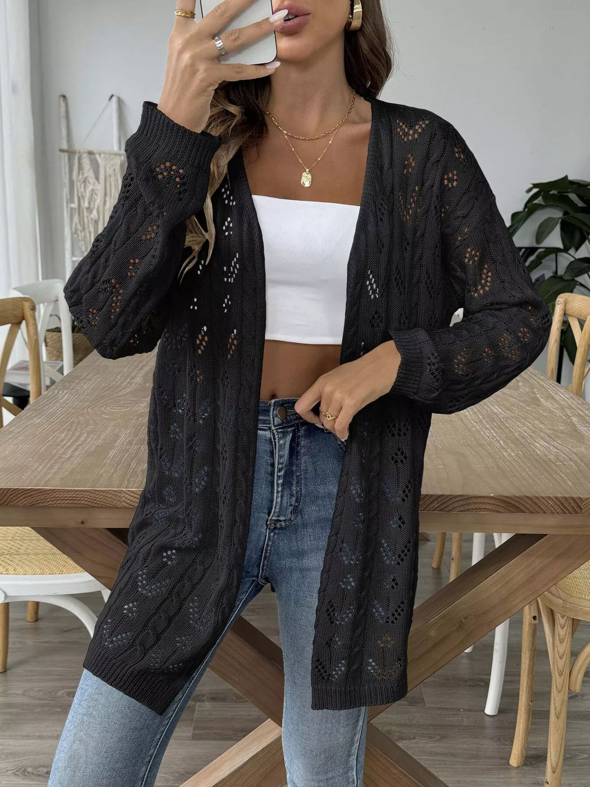 Openwork Open Front Knit Cardigan