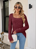 Ribbed Square Neck Long Sleeve T-Shirt