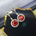 4 Carat Ruby Red Crystal Drop Earrings with Rhinestone Halo