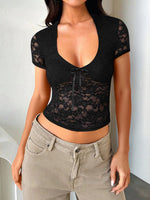 Devine V-Neck Short Sleeve Lace Top - Ladyez