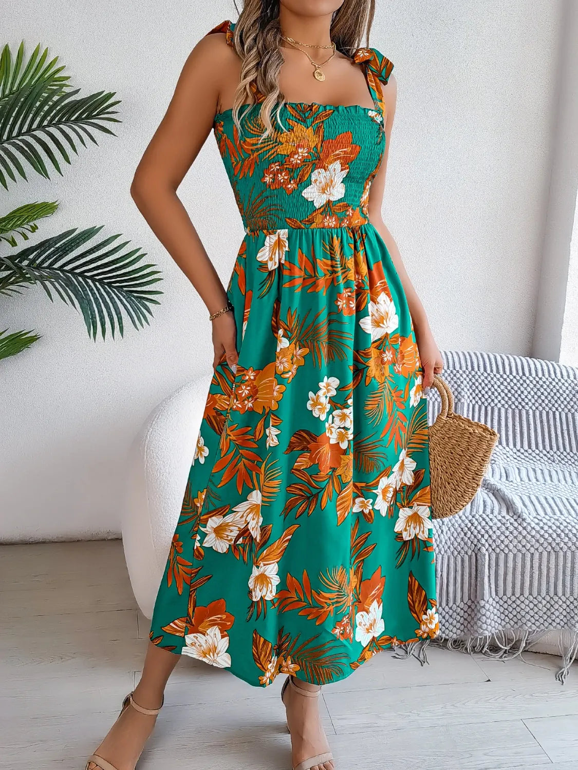 Smocked Floral Tie Shoulder Midi Dress - Ladyez