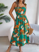 Smocked Floral Tie Shoulder Midi Dress - Ladyez