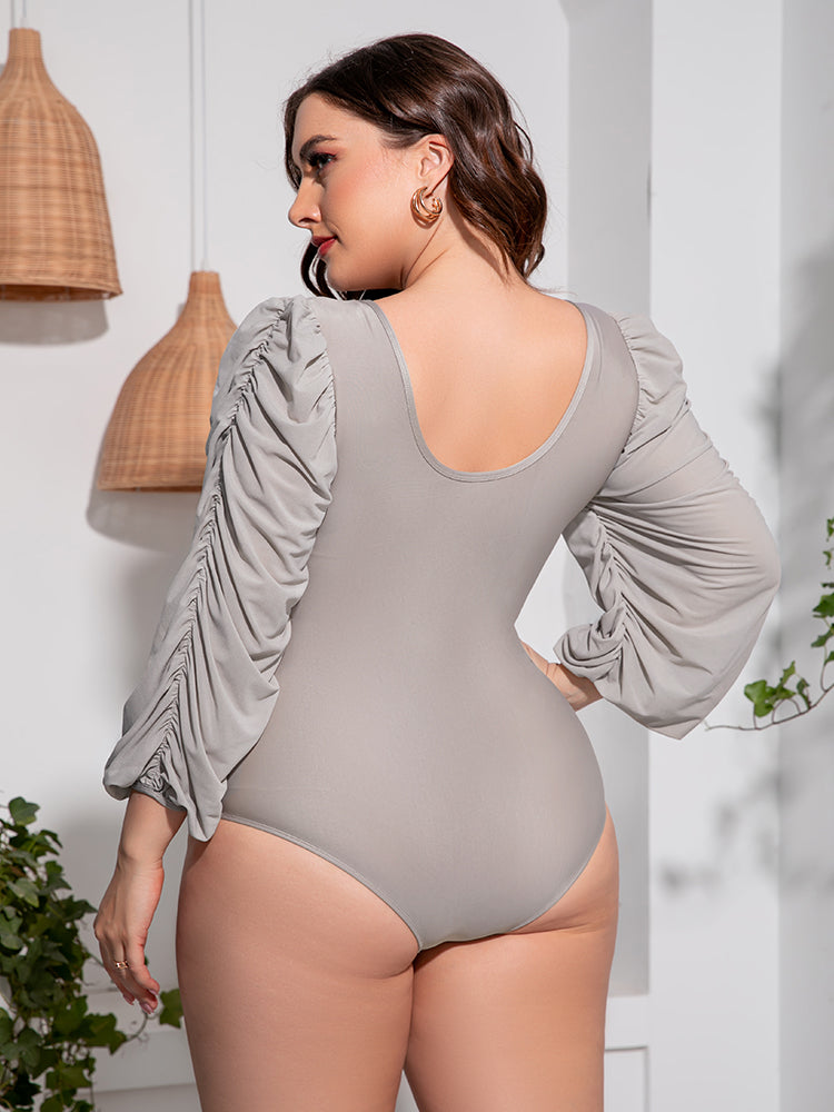Plus Size Tied Deep V Balloon Sleeve One-Piece Swimsuit - Ladyez