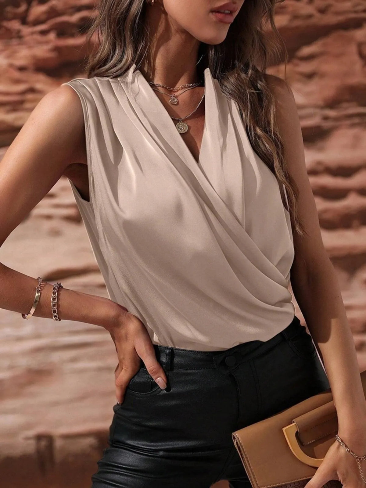 Sleeveless Wrap Draped Blouse - Ladyez