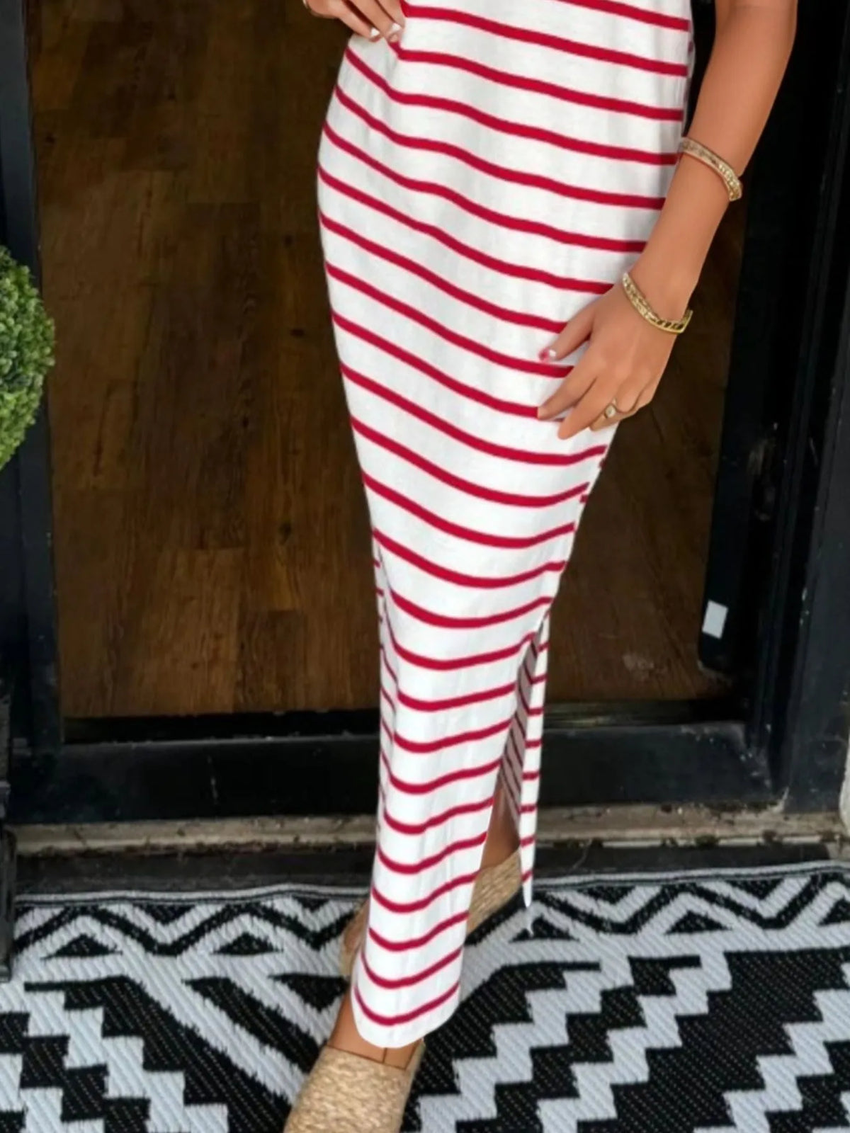 Full Size Striped T-Shirt Maxi Dress with Side Slit Plus Size - Ladyez