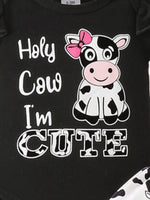 Children's Ruffled Cow Bodysuit and Shorts Set with Headband