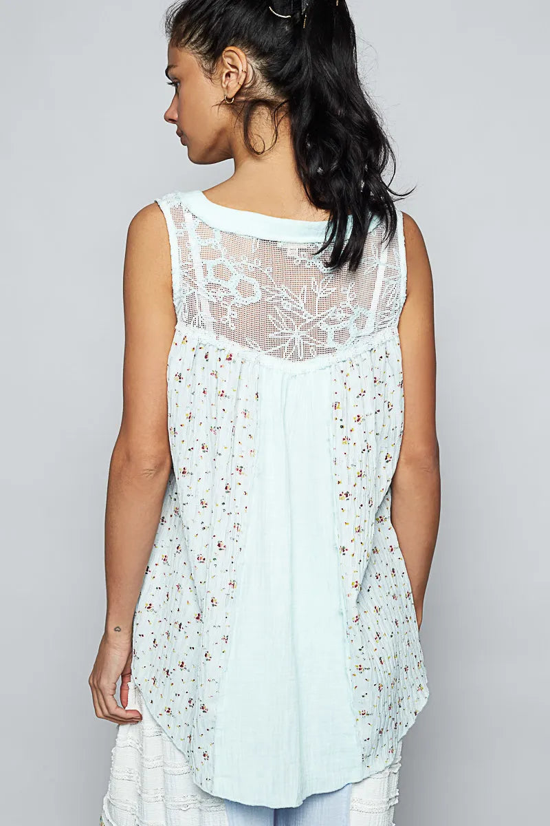 POL Floral Print Button-Front Lace Patchwork Tank Top - Ladyez