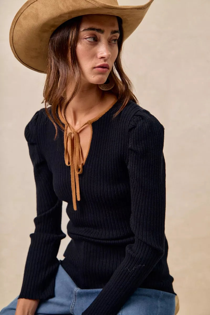 BiBi Ribbed Contrast Front Tied Top with Shrried