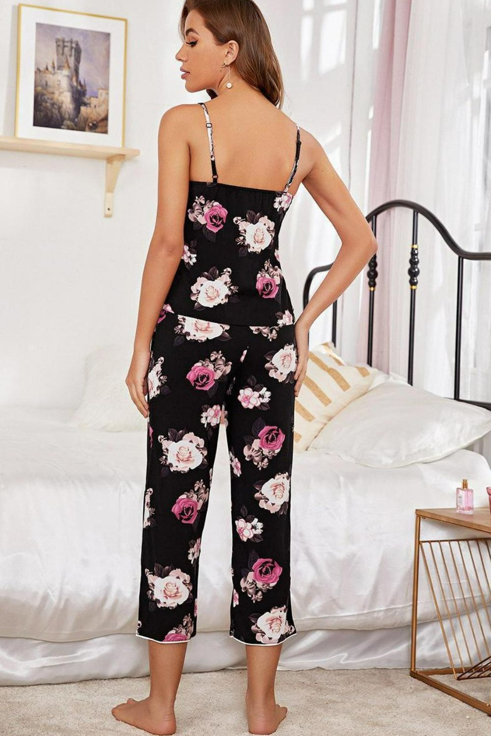 Floral V-Neck Cami and Cropped Pants Lounge Set - Ladyez
