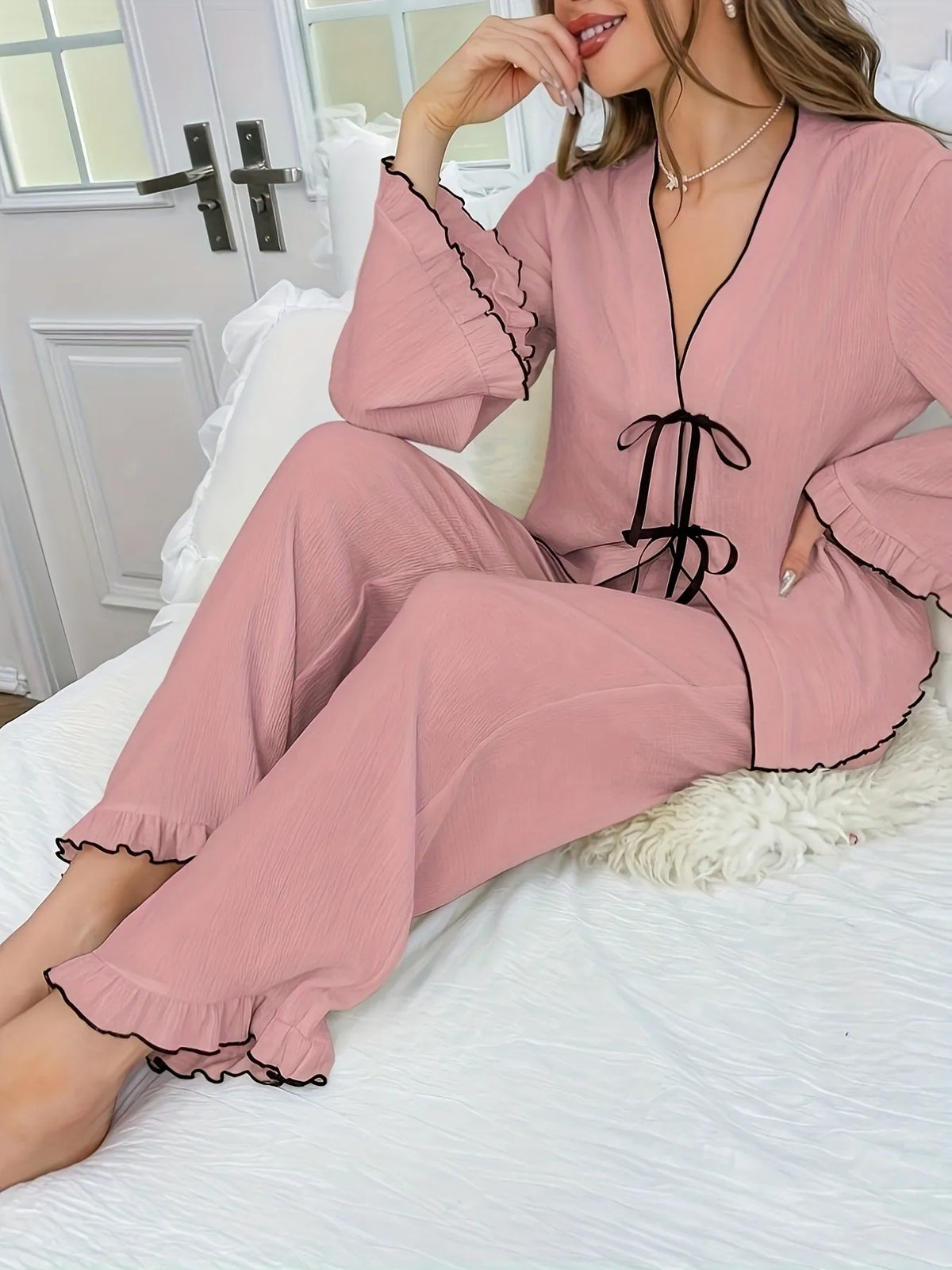 Contrast Trim Bow Tie Shirt and Pants Lounge Set - Ladyez